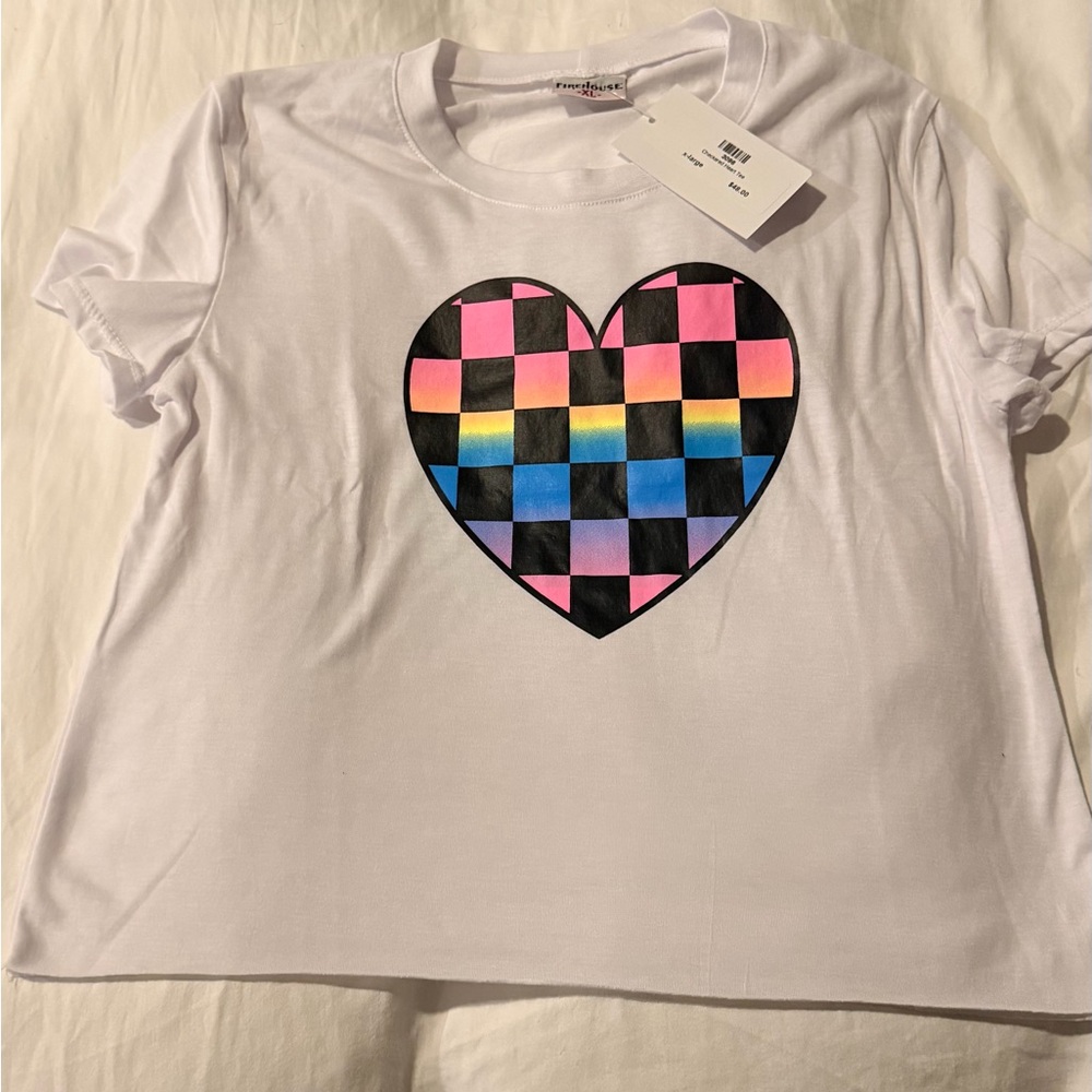 Firehouse White Tee with Checkered Heart